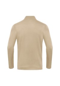 Polo shirt beige a maniche lunghe con design colletto. Texture liscia, forma aderente e senza pattern visibili o accessori. Solo vista posteriore.