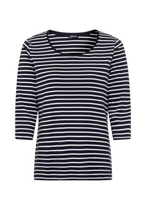 Gestreiftes Oberteil in Marineblau und Weiß mit einem Rundhalsausschnitt und drei Viertel-Ärmeln. Weicher Stoff mit gleichmäßigen horizontalen Streifen.
