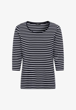 Marineblauw en witte gestreepte top, met een ronde hals en driekwartmouwen. Zachte stof met evenwichtige strepen die horizontaal lopen.