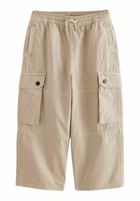 Pantaloni cargo beige con vita elasticizzata, cordoncino e molteplici tasche laterali. Realizzati in tessuto leggero, presentano un design casual.