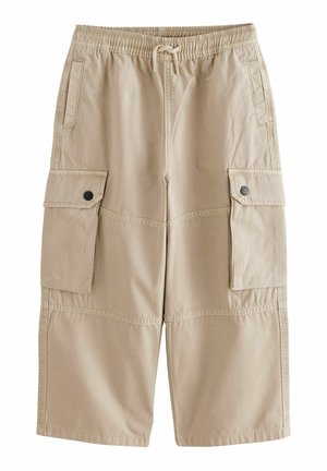 Beige Cargo-Shorts mit elastischem Bund, Kordelzug und mehreren Seitentaschen. Aus leichtem Stoff gefertigt, mit einem lässigen Design.