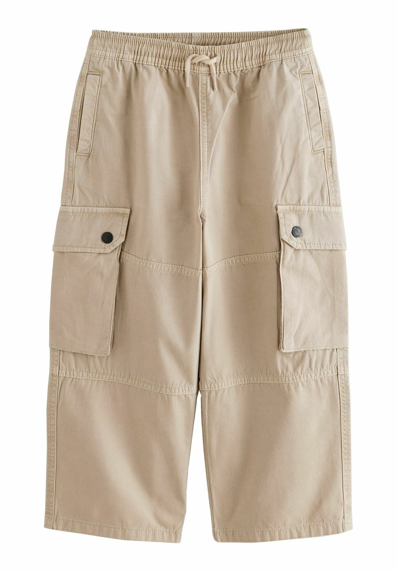 Pantaloni cargo beige con vita elasticizzata, cordoncino e molteplici tasche laterali. Realizzati in tessuto leggero, presentano un design casual.