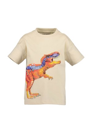 Beiges Baumwoll-T-Shirt mit einem farbenfrohen Dinosaurier-Motiv in lebendigem Orange, Blau und Grün, mit kurzen Ärmeln und rundem Halsausschnitt.