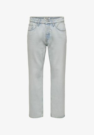 Jeans en denim bleu clair, coupe droite, avec cinq poches, une fermeture à bouton et fermeture éclair, et une finition délavée. Design classique avec un minimum de détails.