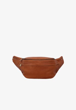 Braune Leder-Gürteltasche mit vorderer Reißverschlusstasche und verstellbarem Riemen mit Druckknöpfen.