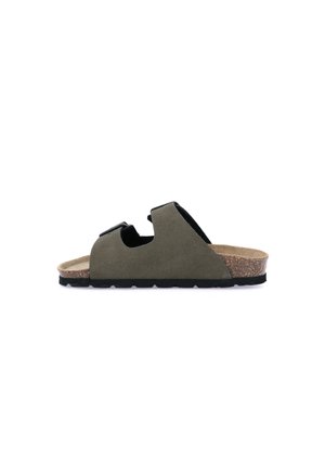 Sandalo aperto alluce verde oliva con due cinturini regolabili e soletta in sughero su suola in gomma nera.