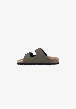 Sandalo aperto alluce verde oliva con due cinturini regolabili e soletta in sughero su suola in gomma nera.