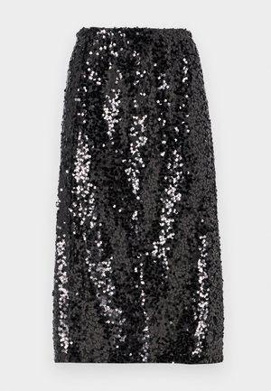 Gonna nera con paillettes, caratterizzata da una forma dritta, una cintura elastica e una texture liscia, con paillettes di diverse dimensioni per un contrasto visivo.