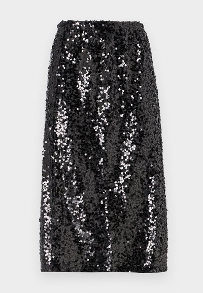 Musthave mustrisik, sirge kujuga, elastse vöökohtaga ja siledast tekstuurist, millel on erineva suurusega läikivad sädelevad paelad visuaalse kontrasti saavutamiseks.