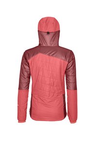 Rote und kastanienbraune isolierte Jacke mit Kapuze, die über eine gesteppten Textur und kontrastierende Stoffpaneele an den Schultern und Ärmeln verfügt.
