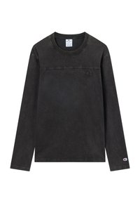 Schwarzes Langarm-T-Shirt von Champion mit Rundhalsausschnitt, dezenten Logos auf Brust und Ärmeln sowie gestickten Details über der oberen Brust.