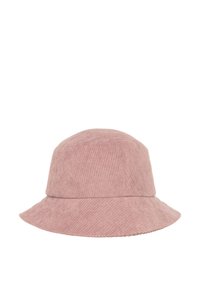 Roze ribfluweelemmerhoed met een gestructureerde kroon en een brede, naar beneden hellende rand. Heeft een textuur oppervlak met verticale ribbels.