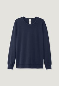 Navyblauer Baumwollpullover mit langen Ärmeln, Rundhalsausschnitt, gerippten Bündchen und einem lässigen Schnitt. Keine auffälligen Muster oder Grafiken.