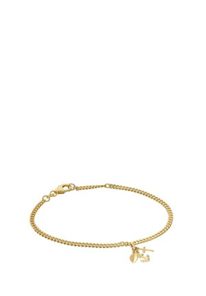 Goldkettengliederarmband mit Karabinerverschluss, das drei kleine Anhänger zeigt: ein Herz, einen Anker und ein Kreuz.