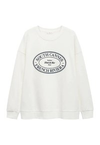 Valkoinen collegepaita, jossa on pyöreä pääntie ja pitkät hihat. Sisältää sinisen soikion muotoisen graafisen kuvaston, jossa lukee "SOUTH CANNES FRENCH RIVIERA." Pehmeä tekstuuri.