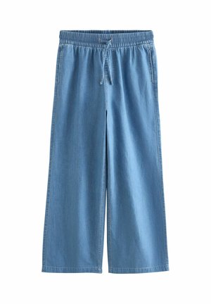 Hellblaue Jeanshose in weiter Passform mit elastischem Bund und Kordelzug, mit Seitentaschen und lockerem Schnitt.
