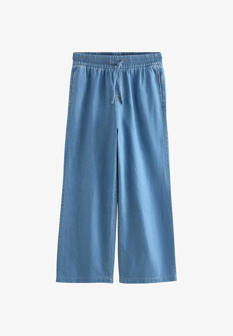 Pantalon en jean bleu clair à jambes larges avec taille élastique et cordon de serrage, doté de poches latérales et d'une coupe décontractée.