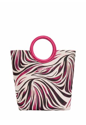 Grande borsa tote con motivo a vortice zebrado rosa, nero e bianco, manici tondi intrecciati rosa e logo "TWINSET" sul davanti.