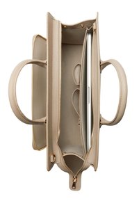 Beige leather handbag with a structured design, features zip closure, dual handles, and interior compartments for organization.