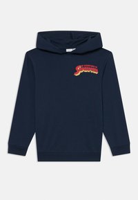 Sudadera azul marino de algodón con mangas largas, que presenta un gráfico de "Las Aventuras de Superman" en rojo y amarillo en el pecho.