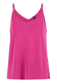 Rosa ärmlös linne med V-ringning, tillverkat av slät tyg, med justerbara remmar och en lös passform. Inga synliga mönster eller detaljer.