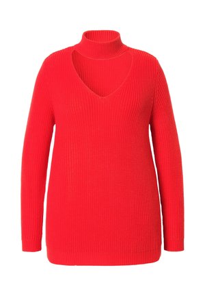 Suéter de punto rojo con un alto cuello y un profundo escote en V. Mangas largas con puños acanalados y un acabado de tela texturizada.