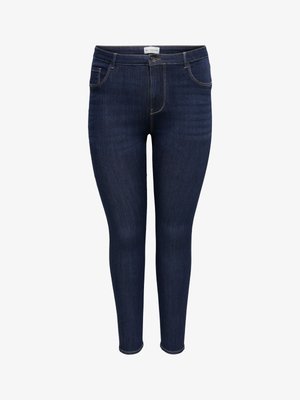 Jeans aderenti blu scuro con cinque tasche e chiusura con bottone, mostrati su sfondo bianco.