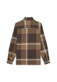 Camicia a scacchi marrone con colletto button-down, caratterizzata da quadrati beige, marrone scuro e viola, e dettagli con bottoni sulle maniche.