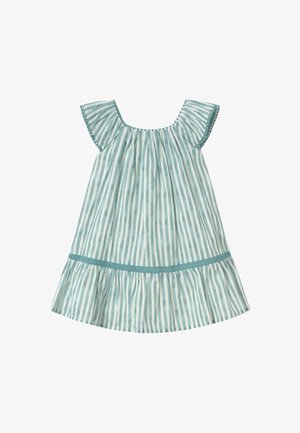 Abito senza maniche a righe in blu chiaro e bianco. Caratterizzato da un colletto arricciato, maniche a volant e un orlo a strati con un accento turchese.