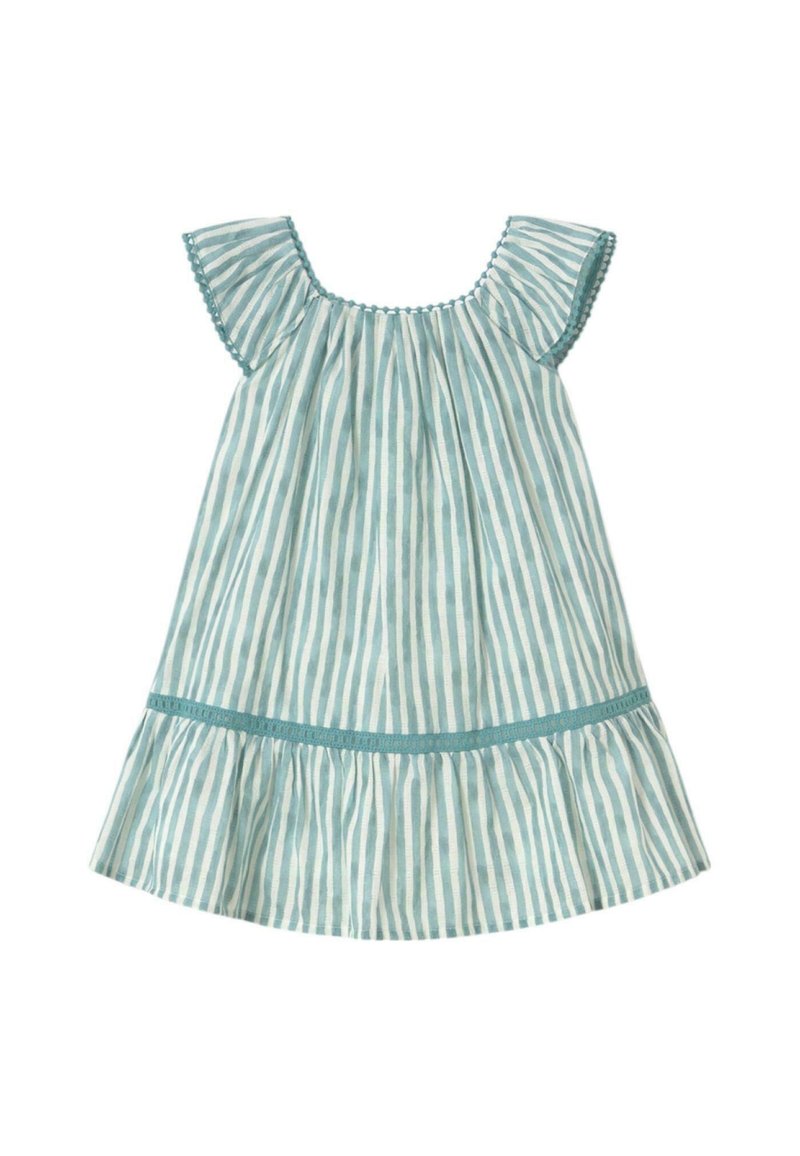 Abito senza maniche a righe in blu chiaro e bianco. Caratterizzato da un colletto arricciato, maniche a volant e un orlo a strati con un accento turchese.