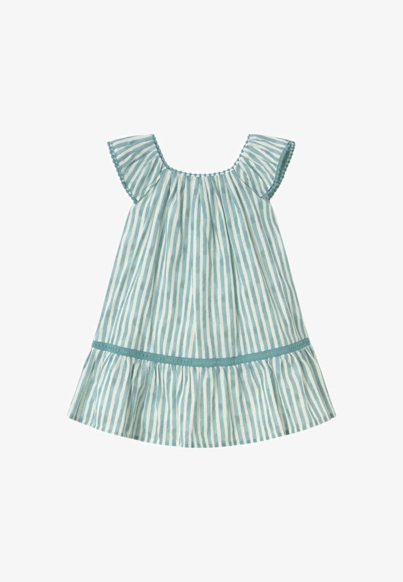 Abito senza maniche a righe in blu chiaro e bianco. Caratterizzato da un colletto arricciato, maniche a volant e un orlo a strati con un accento turchese.