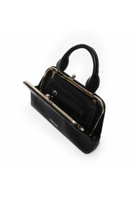 Borsa a tracolla in pelle nera con forma strutturata, hardware in tonalità dorata e doppi manici superiori. Presenta una tasca con zip all'interno per l'organizzazione.