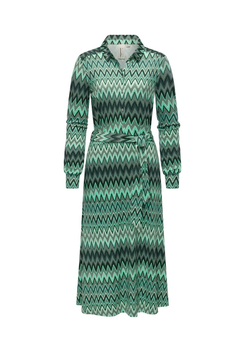 Langärmliges Kleid mit Zickzackmuster in Grün- und Schwarztönen. Vorderseite mit Knöpfen, Kragen und Stoffgürtel als Akzent.