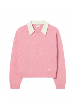 Donna in piedi che indossa un maglione rosa con colletto bianco, pantaloni larghi blu con fantasia e scarpe marroni su uno sfondo chiaro e semplice.