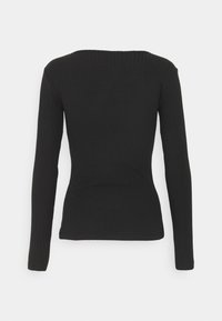 Black long-sleeve ribbed knit top with a fitted silhouette and a subtle boat neckline shown from the back.