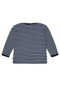 Gestreiftes Langarmshirt in Marineblau und Creme mit gerippter Textur, Rundkragen und kleinem Akzent-Label an der Seitennaht.