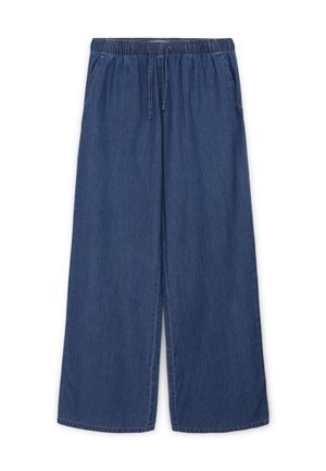 Pantaloni di denim a gamba larga in blu scuro. Presentano una cintura elastica con coulisse, tasche laterali e una texture liscia con cuciture lievi.