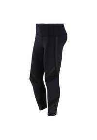 Leggings sportivi neri con un mix di pannelli lisci e testurizzati, una vita alta e un logo discreto lungo le cuciture laterali.