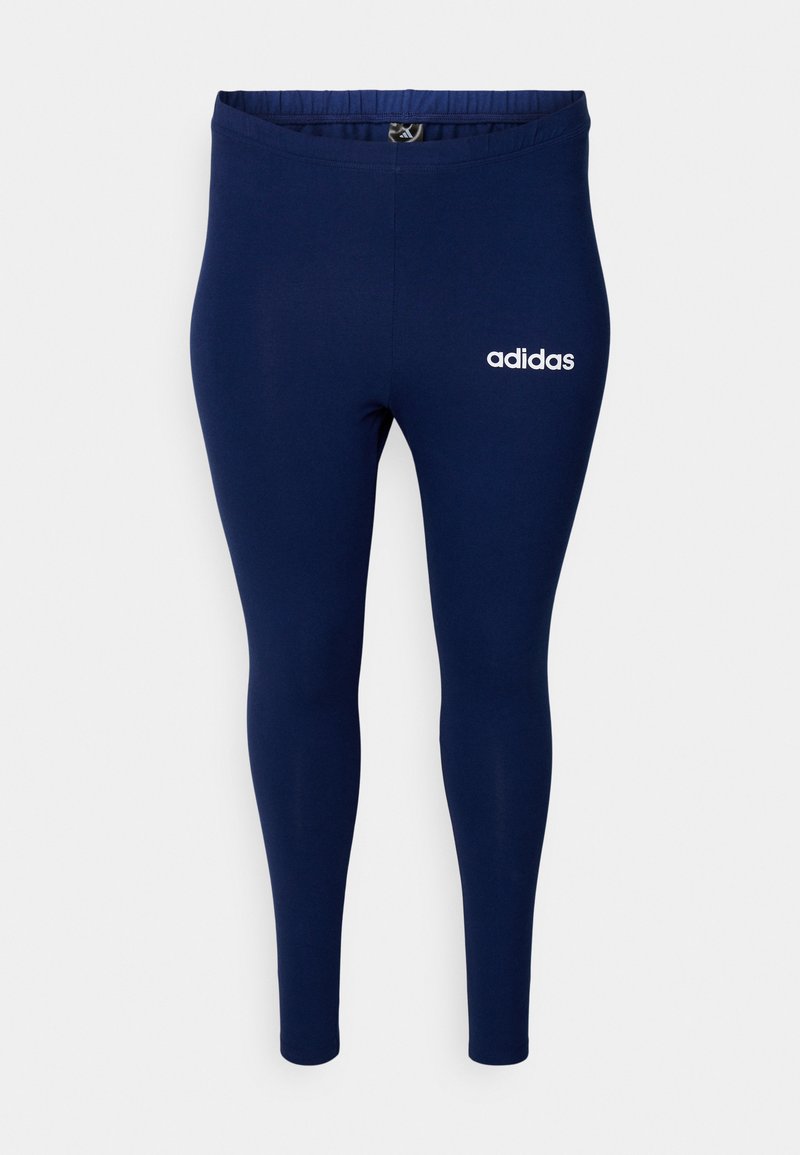 Marinblå leggings i elastisk tyg, med hög midja och vit "adidas"-logotyp på vänster sida. Slät yta utan mönster.