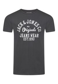 Camiseta gris oscuro de algodón, con cuello redondo y mangas cortas, que presenta un texto impreso en blanco indicando la marca y el año de establecimiento.