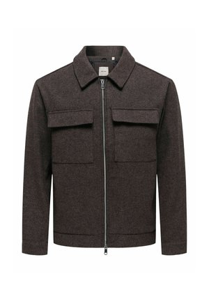 Brown zip-up jacket with wide collar, two large front flap pockets, and long sleeves, shown on a white background.
