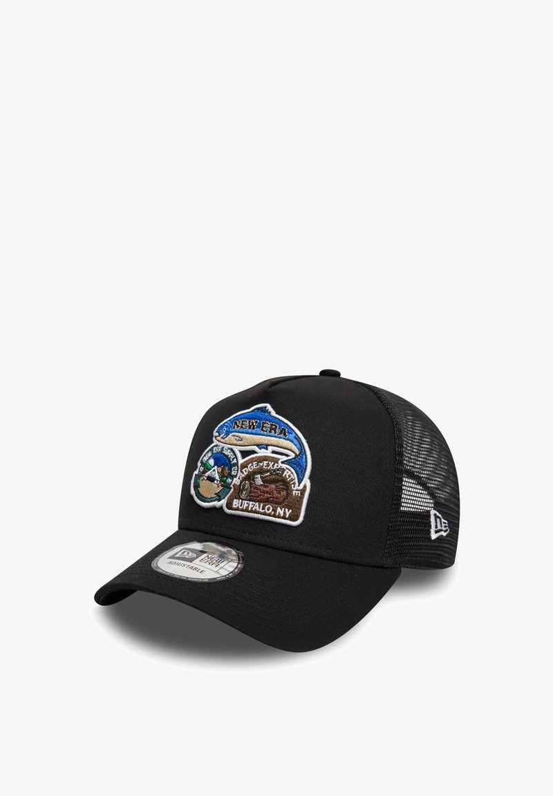 Black trucker cap with mesh back. Features embroidered patches: fish, landscape, and text "New Era" and "Buffalo, NY." Curved brim. Adjustable.
