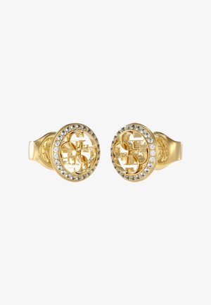 Boucles d'oreilles en or avec un design circulaire arborant un logo au centre, rehaussées de strass transparents sur le bord.