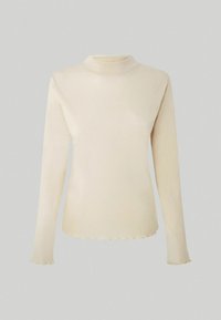 Maglietta a maniche lunghe, color crema, con collo alto e una texture liscia, finita con un orlo ondulato a scallop. Design semplice e aderente, senza chiusure visibili o motivi.