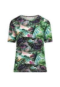 Short-sleeve t-shirt featuring a vibrant tropical leaf print in green and purple on a light background, with a round neckline.