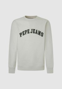 Felpa grigia chiara con scollo rotondo, maniche lunghe, polsini a coste e grafica "PEPE JEANS" in lettere nere arcuate sul petto.
