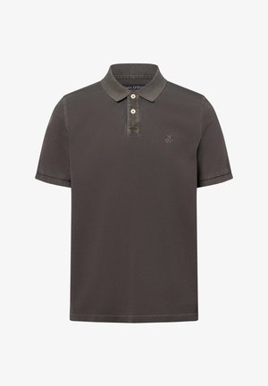 Kurzarm-Polohemd aus dunkelgrauer Baumwolle mit strukturiertem Kragen, zwei Druckknöpfen und subtiler Logo-Stickerei auf der Brust.
