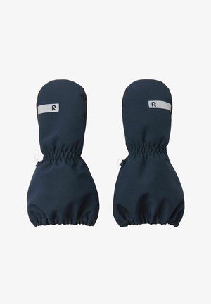 Ciemnogranatowe rękawiczki z elastycznymi mankietami, z małym szarym logo i gładką, trwałą tkaniną. Zaprojektowane, aby zapewnić ciepło i ochronę w zimnej pogodzie.