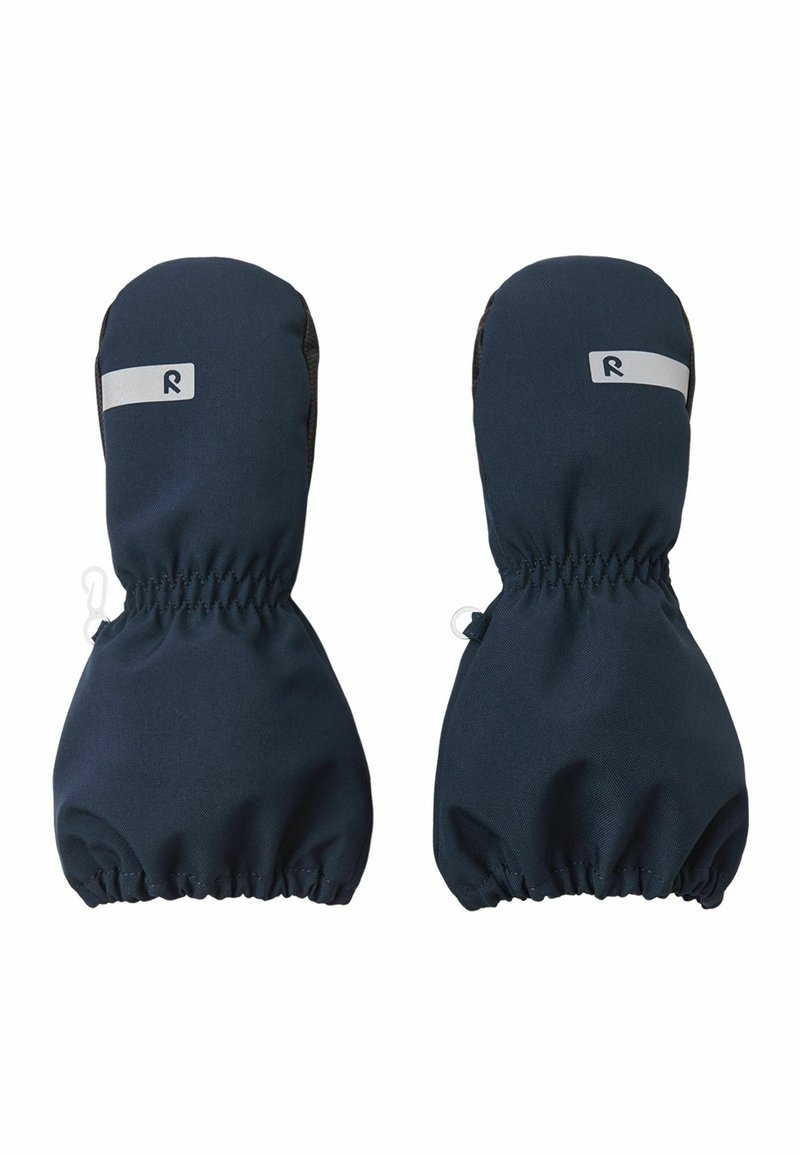 Dunkelblaue Fäustlinge mit elastischen Bündchen, versehen mit einem kleinen grauen Logo und einem glatten, langlebigen Stoff. Entwickelt für Wärme und Schutz bei kaltem Wetter.