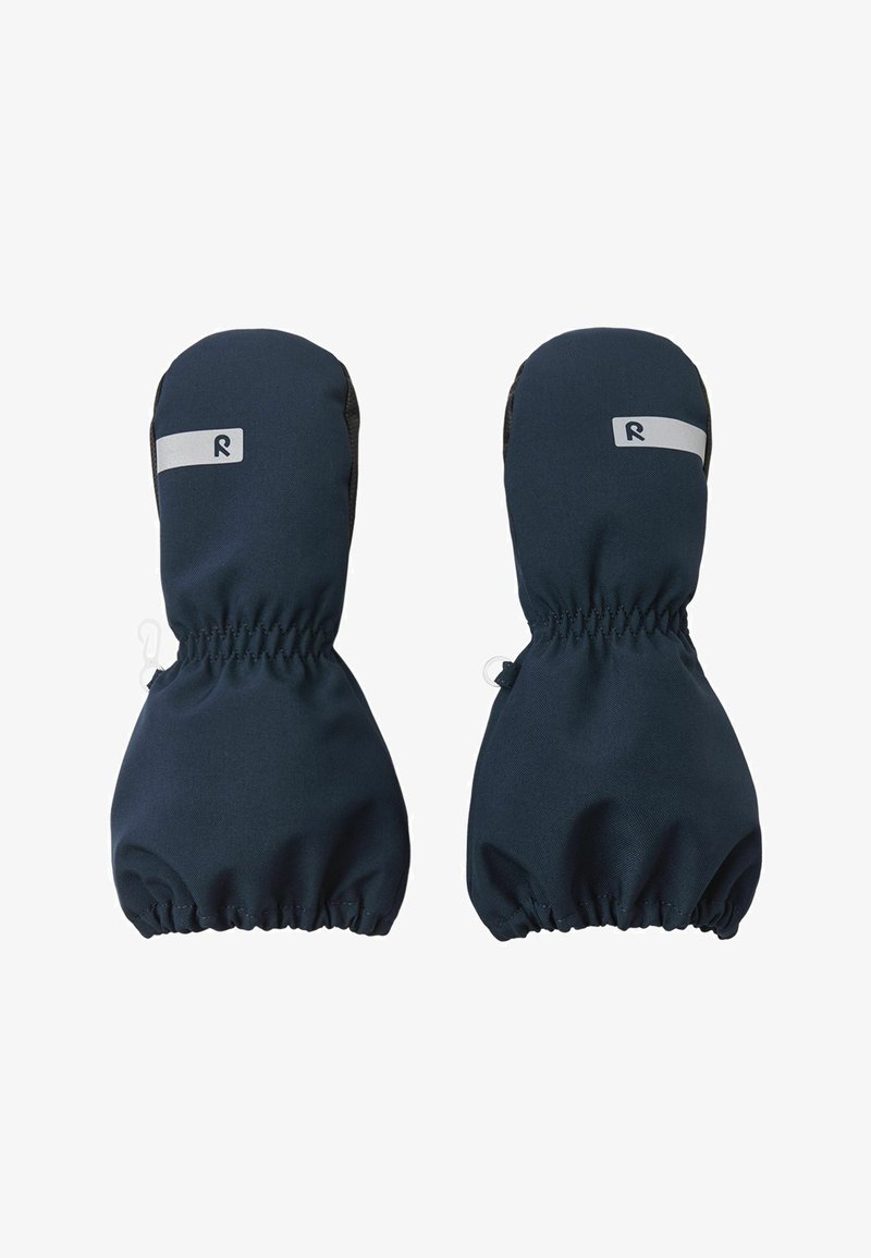 Dunkelblaue Fäustlinge mit elastischen Bündchen, versehen mit einem kleinen grauen Logo und einem glatten, langlebigen Stoff. Entwickelt für Wärme und Schutz bei kaltem Wetter.